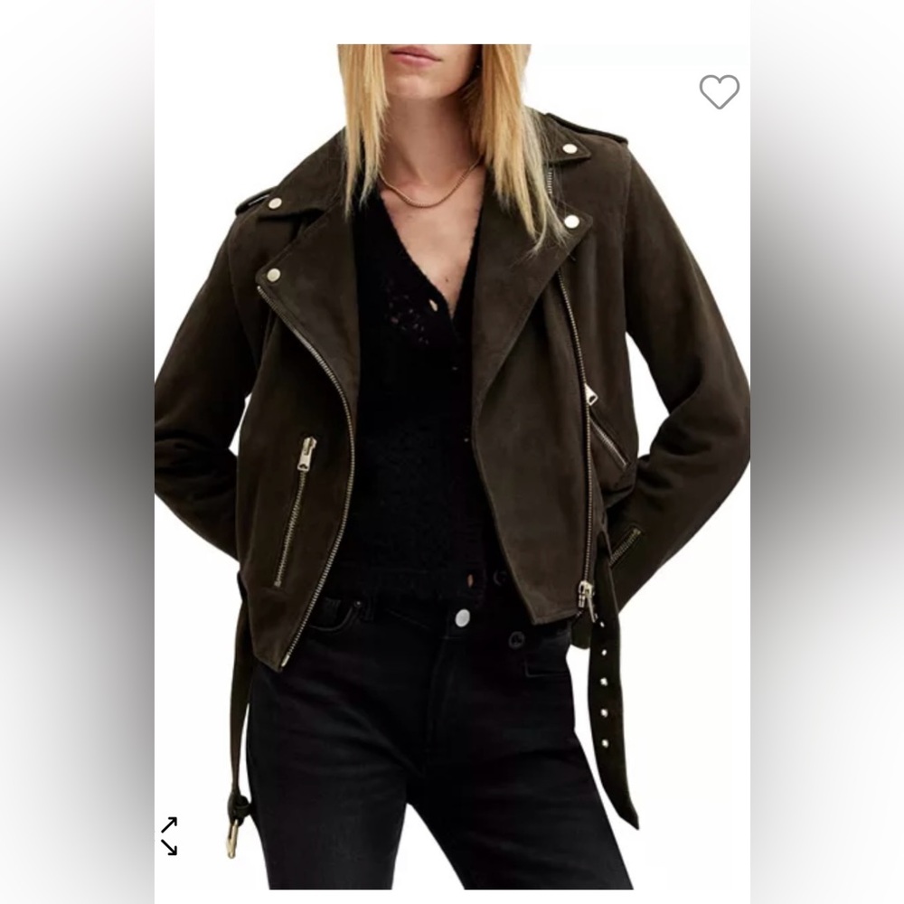 ALL SAINTS SUEDE BALFERN BIKER JACKET IN TARMIC GREEN SIZE 0